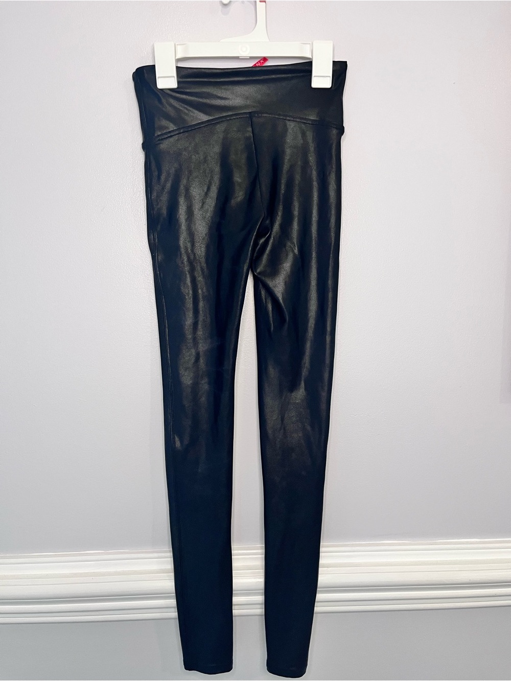 SPANX Black Faux-Leather Leggings with Red Tag